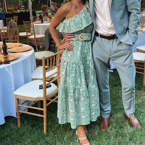 Asos Design one shoulder ruffle maxi dress with raffia belt in sage green, size0